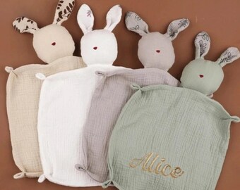 Custom Bunny Lovey, Personalized Baby Comforter, Muslin Cotton Security Blanket, Newborn Gift, Soft Bunny Snuggle Toy, Baby Shower idea