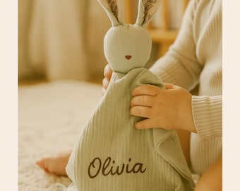 Custom Bunny Lovey, Baby Name Security Blanket, Organic Muslin Comforter, Bunny Snuggle Toy, Newborn Gift
