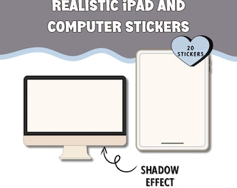 May include: A set of 20 realistic computer and iPad stickers. The stickers are designed to look like they are actually on the screen of a computer or iPad. The stickers are in a light blue heart shape with the text "20 STICKERS" inside. The image shows a computer monitor and an iPad with a shadow effect.