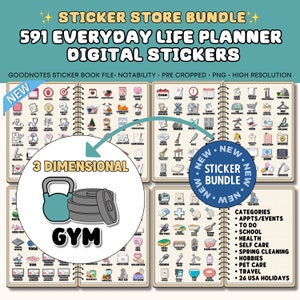 May include: A digital sticker bundle for Goodnotes and Notability apps featuring 591 everyday life planner stickers. The stickers are pre-cropped and high resolution. The bundle includes a 3D gym sticker with a dumbbell and weights.