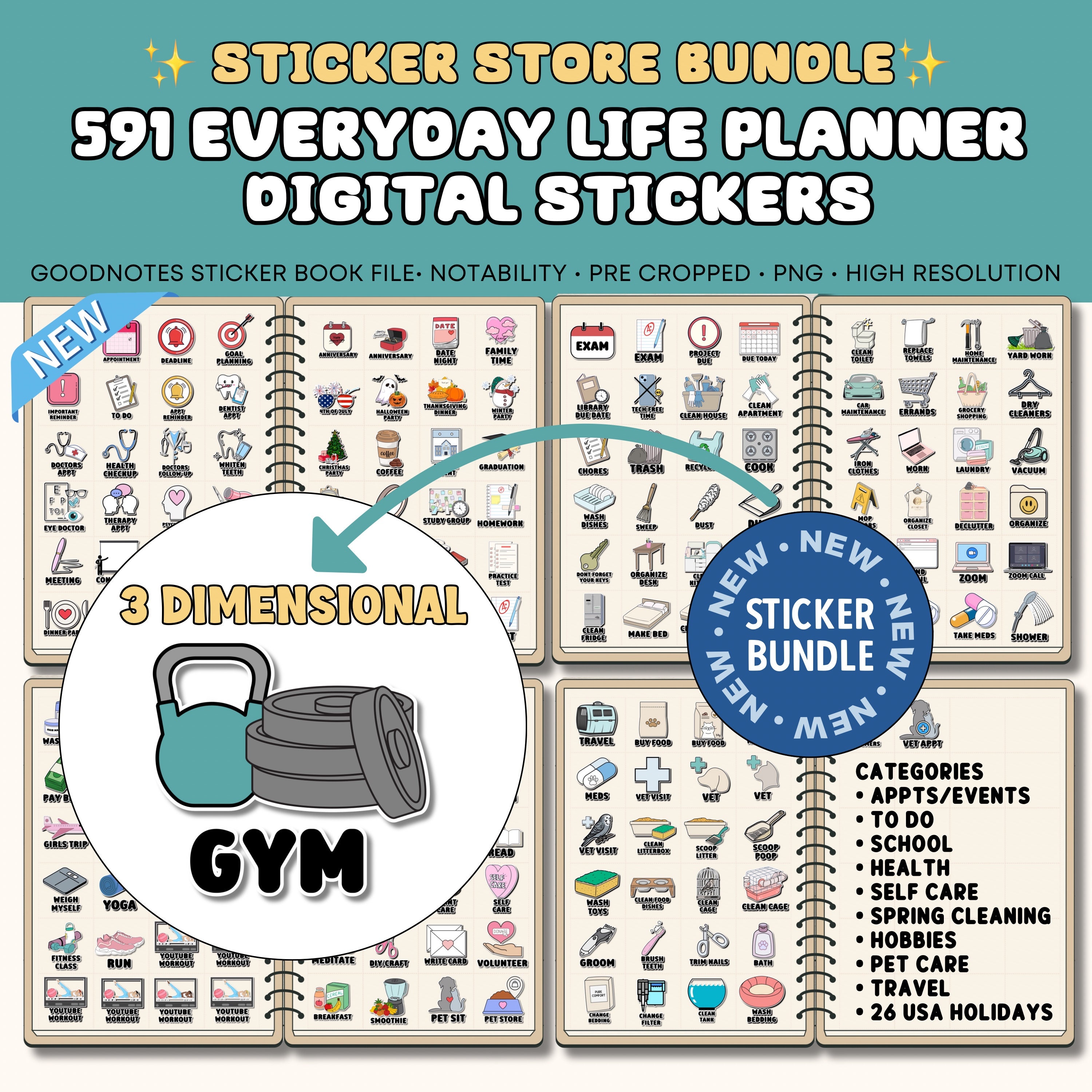 591 Everyday Life Digital Planner Stickers: Functional Pre-Cropped Bundle (GoodNotes, Notability)