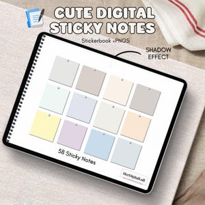 May include: A digital tablet displaying a collection of pastel-colored sticky notes. The screen shows a grid of twelve square notes in shades of yellow, purple, blue, and beige. Text at the top reads "CUTE DIGITAL STICKY NOTES." The bottom of the screen says "58 Sticky Notes."