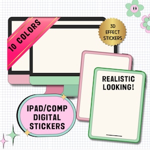 May include: Digital stickers for iPad or computer screens. The stickers are in a 3D effect style and have a realistic look. The stickers are available in 10 colors. "IPAD/COMP DIGITAL STICKERS" and "REALISTIC LOOKING!" are written on the stickers.
