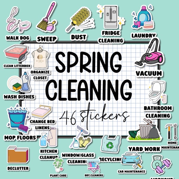 Spring Cleaning Digital Stickers for Goodnotes iPad - Laundry - Sweep - Vacuum - Pre-Cropped House Cleaning Stickers - Housework Icons