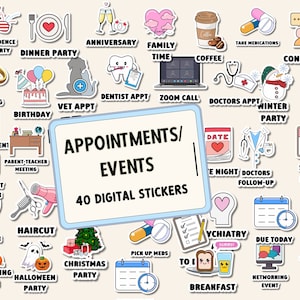 Op de afbeelding: Een set van 40 digitale stickers met verschillende evenementen en afspraken. De stickers zijn kleurrijk en bevatten illustraties van verschillende activiteiten, zoals een verjaardagstaart, een kopje koffie, een dokters stethoscoop en een kerstboom.