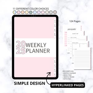 Könnte beinhalten: Ein digitaler Planer mit rosa Hintergrund und dem Text "2025 WEEKLY PLANNER" in Schwarz. Der Planer hat 124 Seiten und beinhaltet einen Monatskalender, eine Wochenseite, eine monatliche Überprüfung und eine Notizseite. Der Planer hat ein schlichtes Design und verlinkte Seiten.