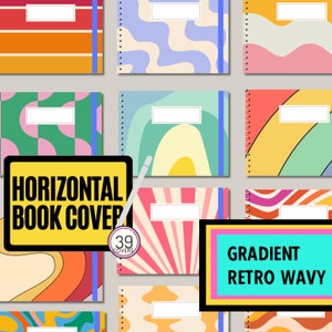 May include: 39 horizontal book covers with gradient retro wavy designs in various colors, including pink, blue, yellow, orange, and green. The text "HORIZONTAL BOOK COVER" and "GRADIENT RETRO WAVY" are visible in the image.
