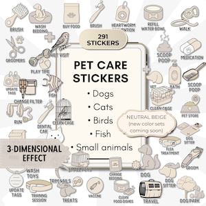 Op de afbeelding: Een set van 291 beige stickers voor dierzorg met illustraties van verschillende dierzorgactiviteiten, waaronder verzorgen, voeren, spelen en bezoeken aan de dierenarts. De stickers zijn ingedeeld in categorieën voor honden, katten, vogels, vissen en kleine dieren. De tekst "Pet Care Stickers" staat in een groot lettertype bovenaan de afbeelding.