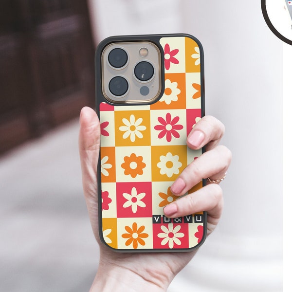 VU&VU™ Fleurs Rétro Carreaux Colorés Coques iPhone Samsung Google Pixel Huawei Honor Xiaomi Motorola OnePlus Oppo Vivo Realme Nothing Étui