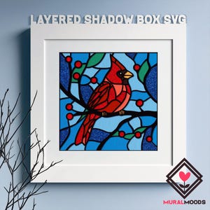 Oiseau Cardinal rouge Noël Shadow Box SVG, modèle de découpe papier 3D en couches de vitrail, conception festive découpée au laser, fichiers numériques pour Cricut
