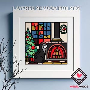 May include: A layered shadow box SVG design featuring a black cat sitting by a fireplace with a Christmas tree and a window with stained glass. The fireplace has a red and yellow flame inside. The design is perfect for creating a festive holiday decoration.