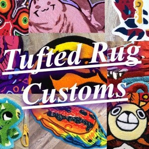 May include: A collage of colorful, custom tufted rugs featuring various designs, including a green and blue dinosaur, a red and yellow dragon, a pink and white cat, and a yellow and orange flower. The text "Tufted Rug Customs" is superimposed over the images.