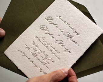 Wedding Invitation Letterpress, Elegant Handmade Paper Invitations, Formal Invite and Envelope, The Jacqueline Suite, Semi-Custom