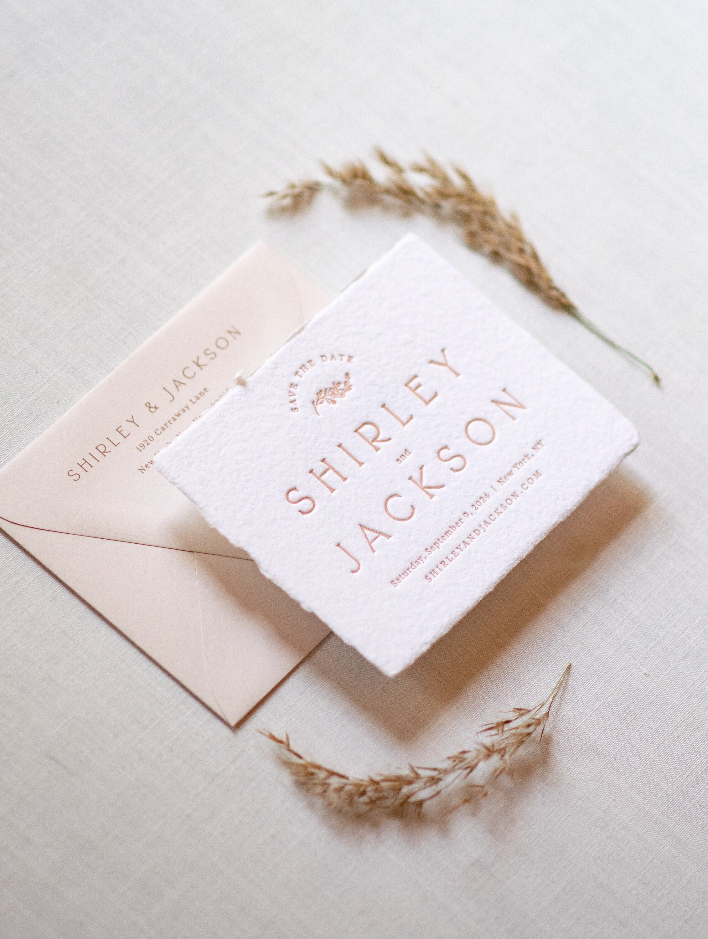 Letterpress Save The Dates and Envelopes SAMPLE, Semi-custom Wedding Card Template, Simple Boho Emboss Save-the-date