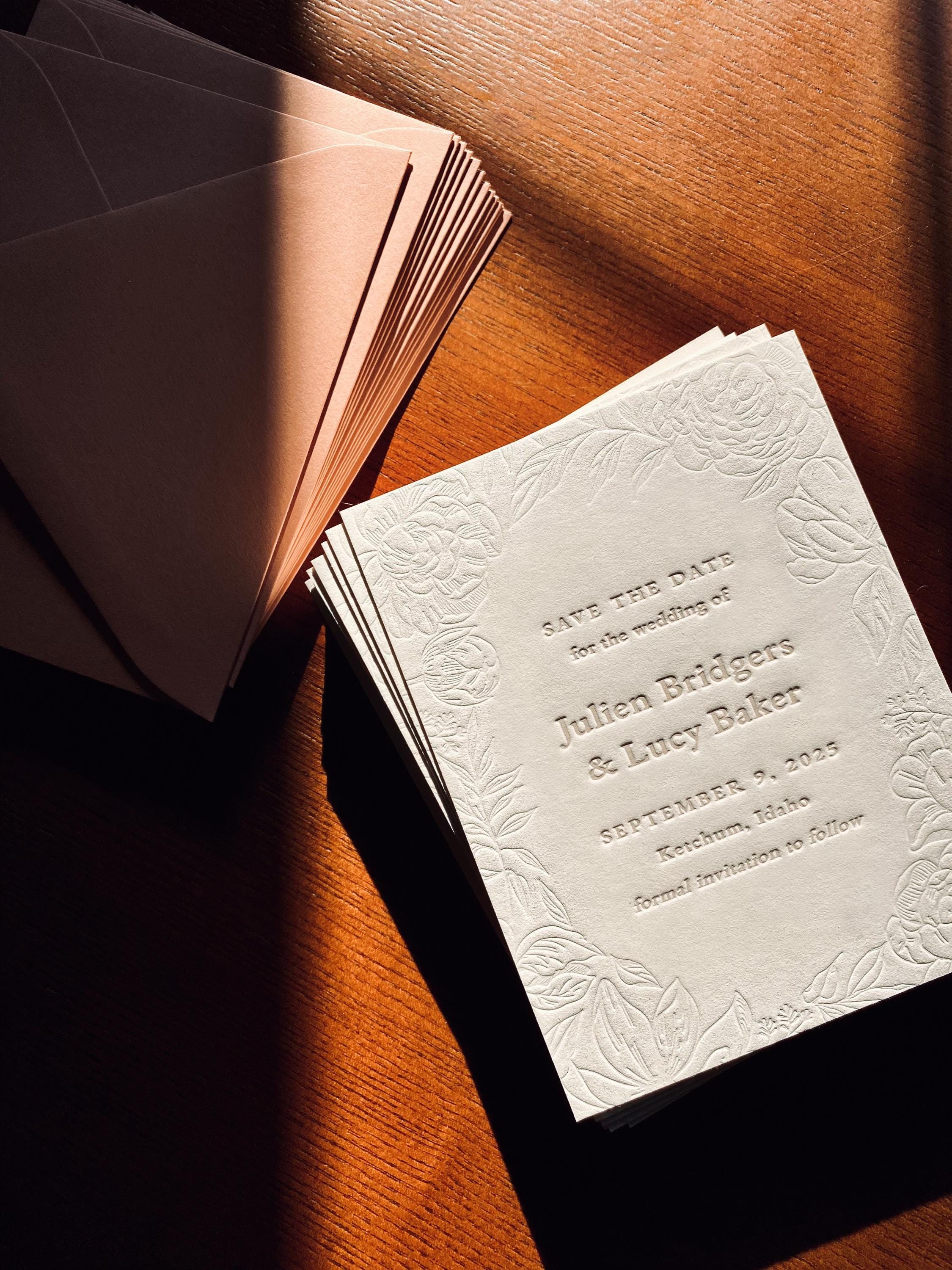 Letterpress Save The Dates: Boho Embossed Wedding Cards