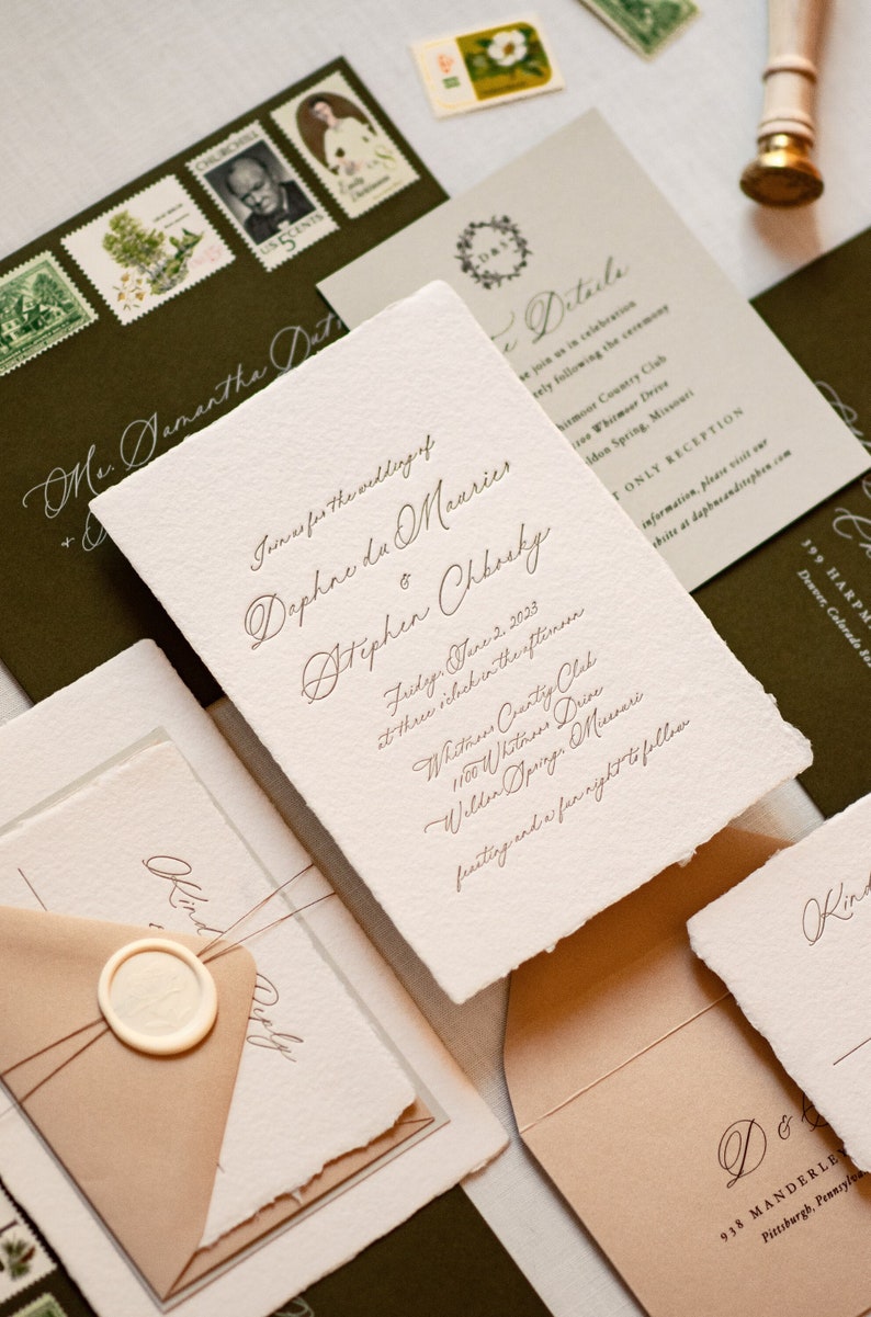 Letterpress Wedding Invitation, Elegant Handmade Paper Invitations, Formal Wildflowers Invite, The Jacqueline Suite, Semi-custom SAMPLE image 1