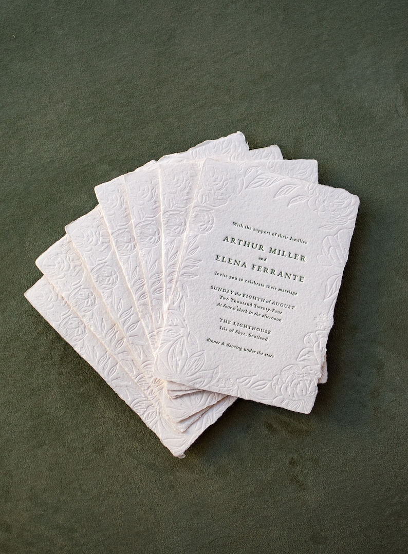 Letterpress Wedding Invitation, Elegant Handmade Paper Invitations, Formal Wildflowers Invite, The Virginia Suite, Semi-custom SAMPLE image 2