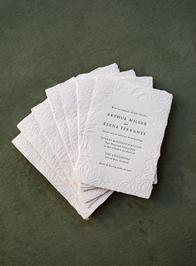 Letterpress Wedding Invitation, Elegant Handmade Paper Invitations, Formal Wildflowers Invite, The Virginia Suite, Semi-custom SAMPLE image 1