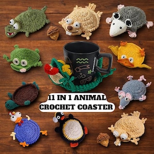 May include: Eleven handmade crochet animal coasters in various colours, including green, yellow, blue, and grey. The coasters feature designs of a crocodile, squirrel, possum, frog, turtle, duck, mouse, penguin, and other creatures. A black mug sits on a green coaster.