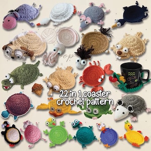 22-in-1 gehaakte dierenonderzetterpatronen, mok knuffelbundel, bekerhouder dieren (pdf + VIDEOTUTORIAL)