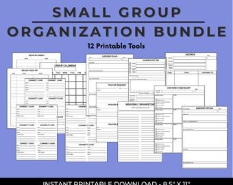 May include: A collection of 12 printable tools for small group organization. The documents include a group calendar, lesson plan, agenda, and visitor checklist. The text on the image reads "Small Group Organization Bundle". The instant printable download is 8.5" x 11".