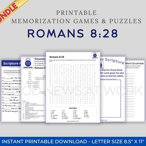 May include: A bundle of printable memorization games and puzzles, including a crossword, word scramble, and scripture fill-in-the-blanks. The theme is Romans 8:28. The letter size is 8.5" x 11".