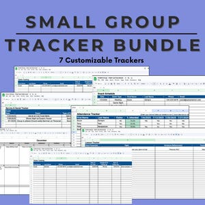 May include: A bundle of seven customisable small group trackers. The title "Small Group Tracker Bundle" is displayed in large, dark grey letters above the trackers. The trackers are displayed as spreadsheets with various fields for tracking attendance, events, and lessons.