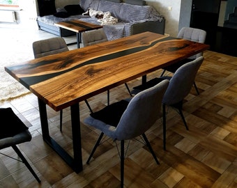 Elegant Walnut Epoxy Dining Table, Custom Live Edge Resin Top, Handcrafted Furniture Perfect for Family Gatherings, Epoxy River Table