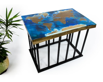 Handcrafted Walnut Epoxy Resin World Map Coffee Table, Unique River Table Design, World Map Epoxy Table For Living Room