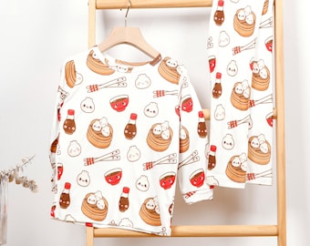 Pigiama in due pezzi con ravioli e dim sum, morbido pigiama per bambini in bambù