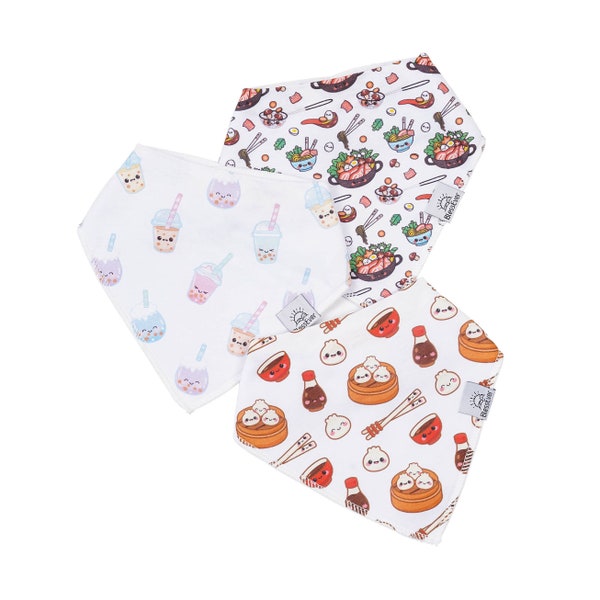 Baby Bandana Bib for Drooling & Teething 100% Cotton Soft and Breathable 3 Pack Bib Set Include Boba Tea, Dumpling, Hot Pot