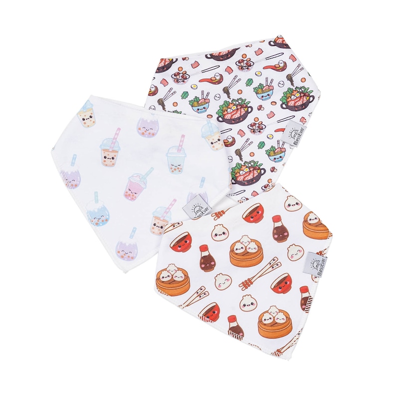 Baby Bandana Bib for Drooling & Teething 100% Cotton Soft and Breathable 3 Pack Bib Set Include Boba Tea, Dumpling, Hot Pot image 1