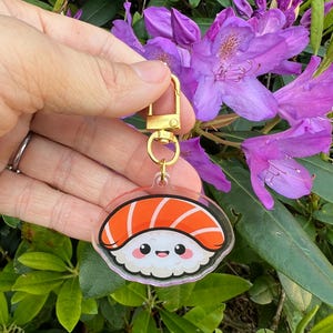 Sushi, kawaii acrylic key chain, cute pin, sushi lover gift, cute gift, foodie lover, Asian food, friendship charm gift, kawaii accessories