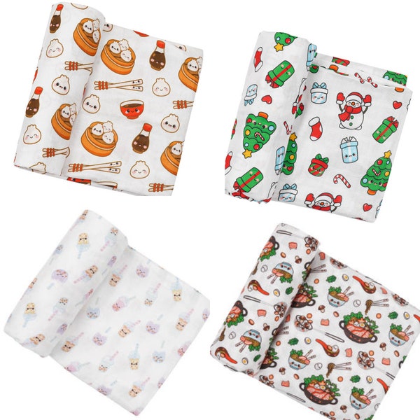 Baby Muslin Swaddle Blanket Buttery Soft Cotton Bamboo Dumpling Dim Sum, Boba Tea, Hot Pot, Christmas Large 45 x 47 inches