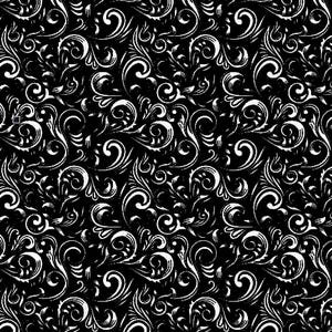 May include: A black fabric featuring a repeating white pattern of swirling, curved lines and organic leaf-like shapes. The design covers the entire surface with a dense, interconnected arrangement of white flourishes against a solid black background.