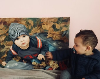 Children's portrait in oil on canvas. Handmade