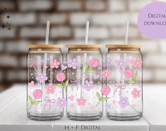 Coquette Spring Flowers Cup Wrap PNG - Hand Drawn Design, Sublimation & UV DTF Prints (Digital File)