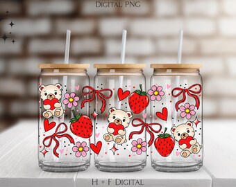 Digital Strawberry Valentine Bear Cup Wrap - Digital PNG File with Hand Drawn Design - Ideal for Sublimation or UV DTF Prints