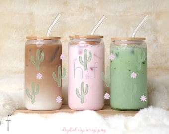 Cactus & Flower Cup Wrap – 16oz Glass Can PNG (Digital Download)