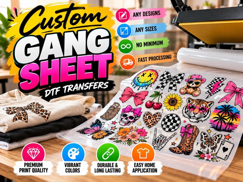 Hoja de transferencia personalizada, transferencias directas a película, impresión DTF al por mayor, transferencia DTF personalizada, transferencia por prensa térmica, lista para prensar. imagen 1