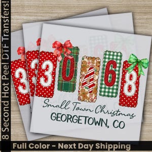 Custom Small Town Christmas DTF Transfers, Ready to Press, Personalized Zipcode