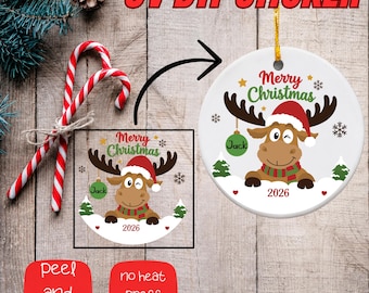 Christmas UV DTF Sticker Transfer, Personalized Reindeer Ornament Decal, Holiday Sticker for Ornament, DIY Christmas Decoration, Custom Name