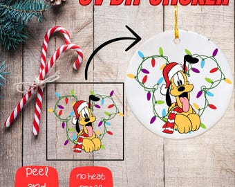 Disney Pluto, Merry Christmas Ornament Uv Dtf Sticker, UV Dtf Ornament Decals, Uv dtf Round Ornament Stickers, Christmas Direct to Film