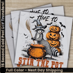 Funny Halloween Raccoon DTF Transfer, Stir the Pot Cauldron Print, Jack O’Lantern Pumpkin Fall Design, Ready to Press Heat Transfer