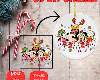 Disney Mickey Friends, Christmas Ornament Uv Dtf Sticker, UV Dtf Ornament Decals, Uv dtf Round Ornament Stickers, Christmas Direct to Film