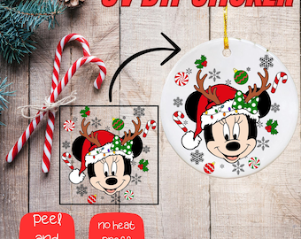 Disney Minnie, Christmas Ornament Uv Dtf Sticker, UV Dtf Ornament Decals, Uv dtf Round Ornament Stickers, Christmas Direct to Film