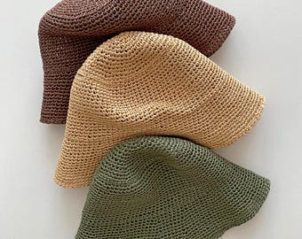 Stylish Crochet Raffia Bucket Hat with Slanted Brim Sun Protection Summer Style