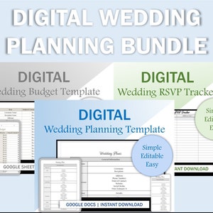 May include: A digital wedding planning bundle with three templates: a wedding budget template, a wedding RSVP tracker, and a wedding planning template. Each template is labeled "Digital" and "Simple Editable Easy". The templates are displayed on a computer screen with a white background.