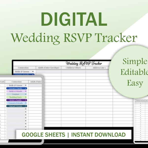 Digital Wedding RSVP Tracker, Google Sheets RSVP Tracker, Wedding Guest List Spreadsheet, RSVP Spreadsheet