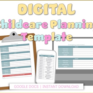 Könnte beinhalten: Eine digitale Kinderbetreuungsplanungsvorlage in Google Docs. Die Vorlage enthält Abschnitte für Speiseoptionen, Tagesablauf und Notfallinformationen. Die Vorlage ist mit einer farbenfrohen, verspielten Ästhetik gestaltet.